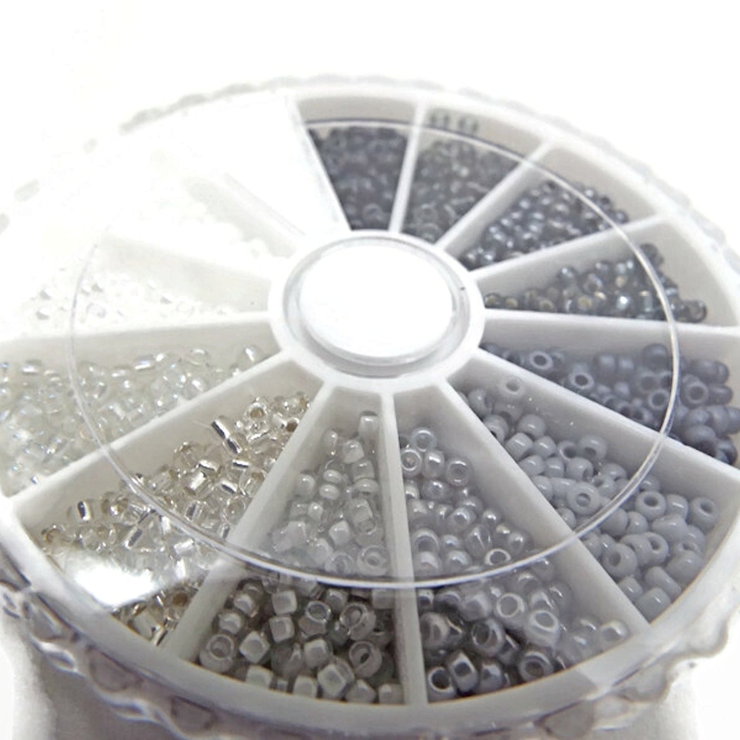 1800 Miyuki Seed Bead Monochrome Mix Bead Wheel, 12 Colours in Blacks, Whites & Grays, 150 of Each Colour