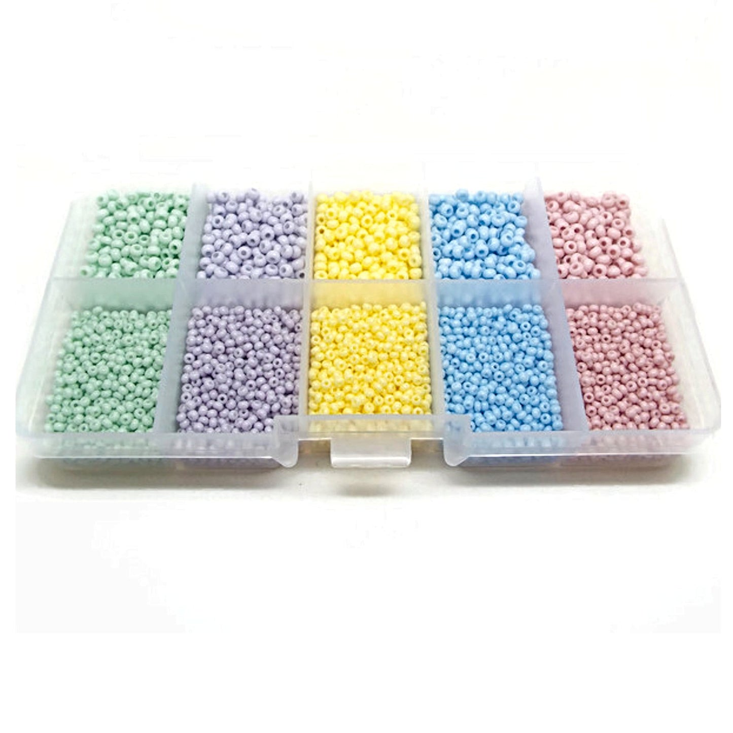 Preciosa Seed Beads, 10 Compartment Box with 5 Colours in 2 Sizes, Approx 7500 Beads