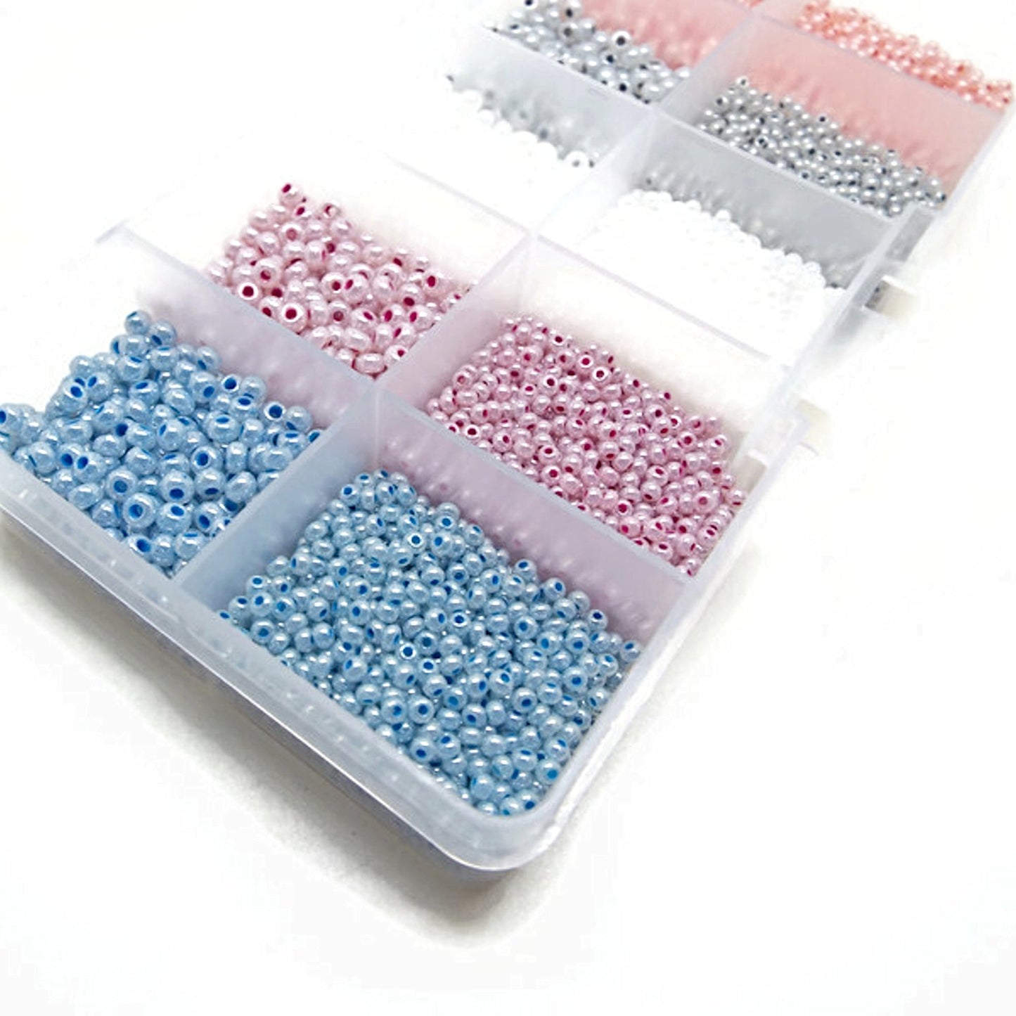 Preciosa Seed Beads, 10 Compartment Box with 5 Colours in 2 Sizes, Approx 8000 Beads