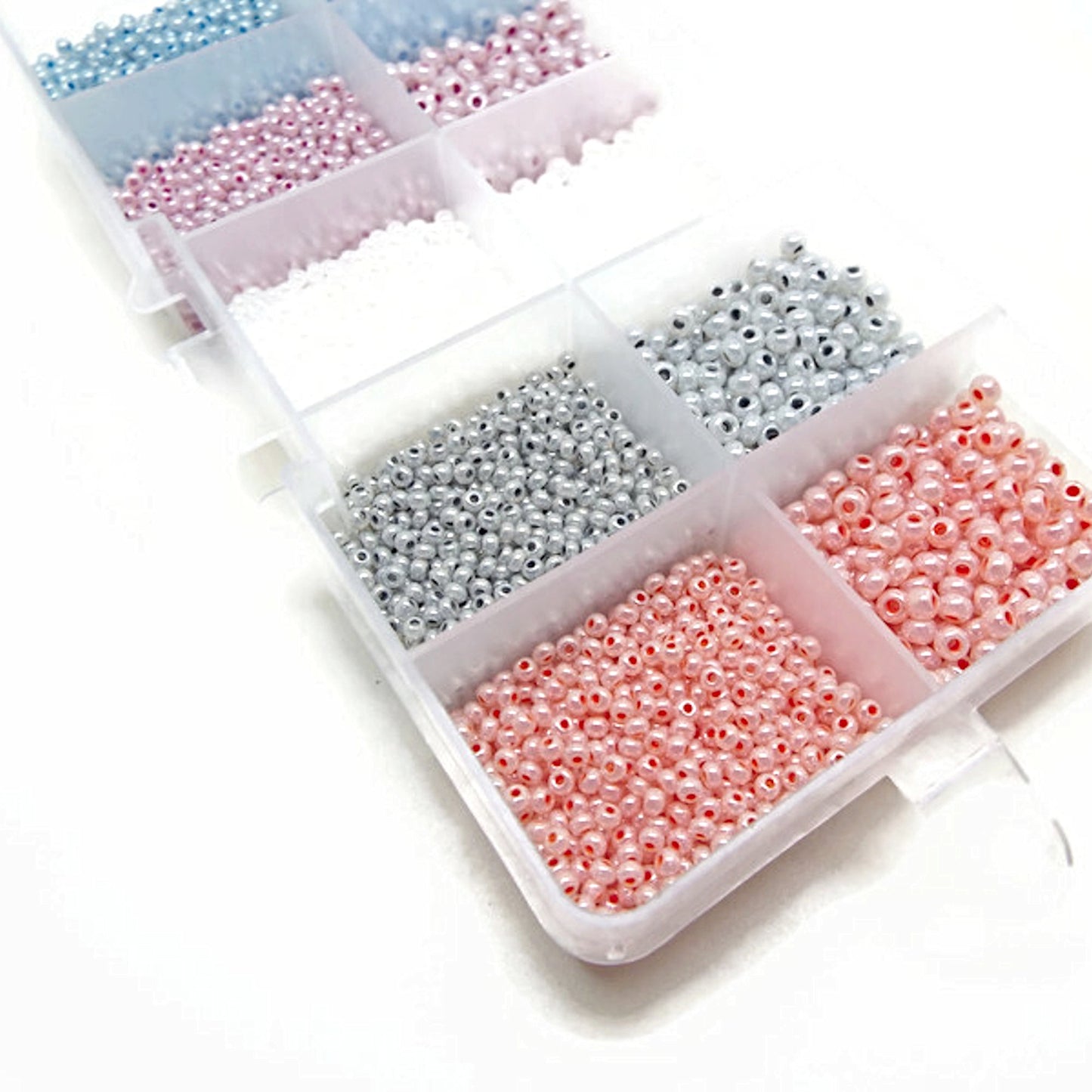 Preciosa Seed Beads, 10 Compartment Box with 5 Colours in 2 Sizes, Approx 8000 Beads