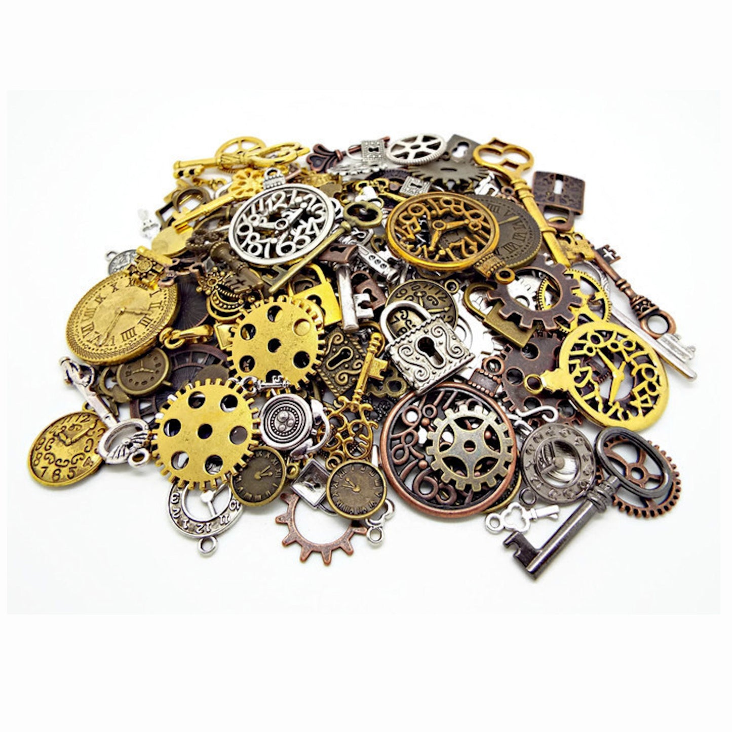 100 Steampunk Charms Mix including Keys, Padlocks, Clocks and Cogs for Steampunk Jewellery and Mixed Media Art