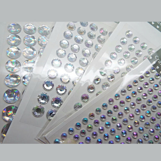 4 Sets of Round Iridescent Glass Diamante Stickers in Sizes 4mm, 6mm, 8mm & 10mm