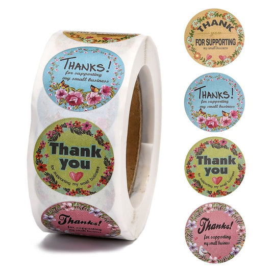 THANK YOU Stickers, Roll of 500 in 4 Designs, 25mm Diameter