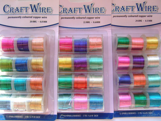 12 Pack Coloured Copper Wire in 4 Gauges, 0.41mm, 0.51, 0.64 & 0.81. Craft & Jewellery Wire