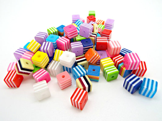 50 STRIPED CUBE BEADS in Mixed Colors, 8mm Resin Beads for Colorful Jewelry
