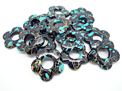 15 Drawbench Flower Beads in Black, Blue & Gold, 33mm Large Acrylic Beads, Jewellery Making Supplies