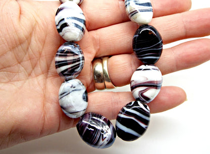 20 CHUNKY BLACK and White Lampwork Beads, 20mm Loose Oval Glass Beads with 2mm Hole