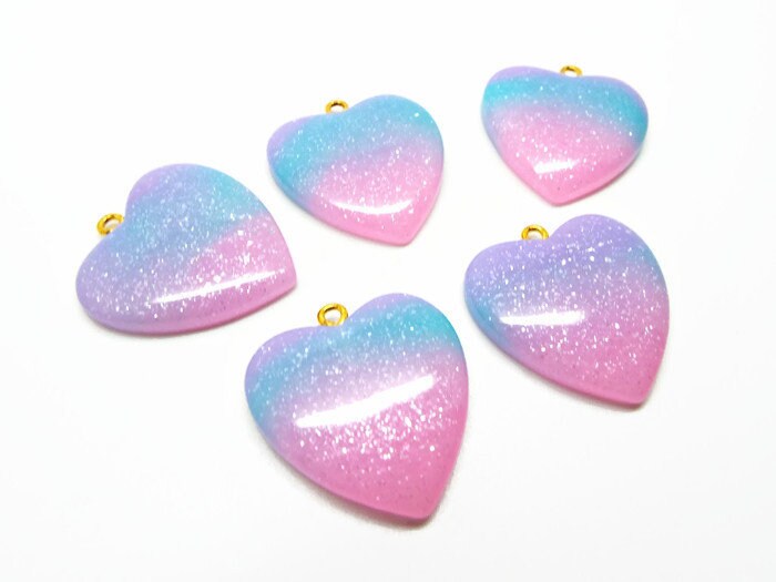 29MM RAINBOW HEART Pendants, Glitter and Resin Valentine Jewellery Charms, Set of 5