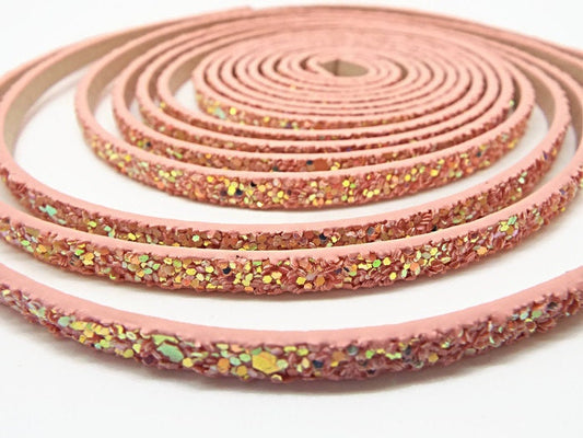 2 METRES OF Pink Glitter Faux Leather Cord, 5x2mm Flat Bracelet Cord for Sparkle Jewellery Making