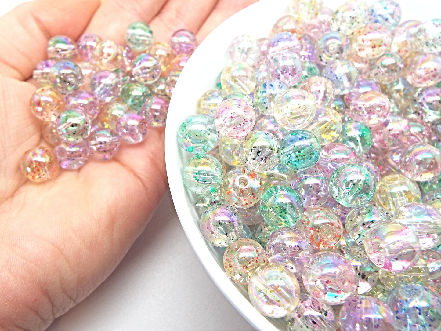 SET OF 50 10mm Clear Round Glitter Beads, Bubble Style with Glitter Inner, Jewellery Supplies