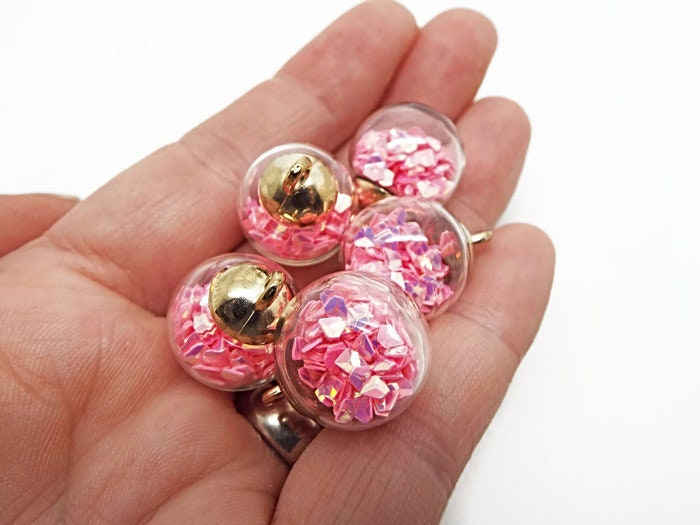 5 PINK GLASS Globe Sequin Pendants, Iridescent Glitter Charms, 21mm Terrarium Style