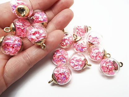 5 PINK GLASS Globe Sequin Pendants, Iridescent Glitter Charms, 21mm Terrarium Style