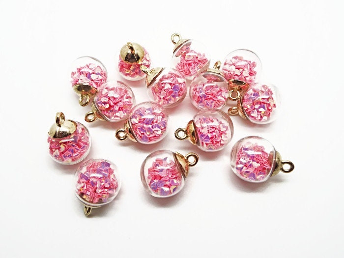 5 PINK GLASS Globe Sequin Pendants, Iridescent Glitter Charms, 21mm Terrarium Style