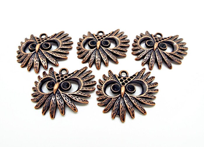 5 ANTIQUE COPPER Tone Owl Pendants, 29mm Metal Bird Jewellery Charm Blanks