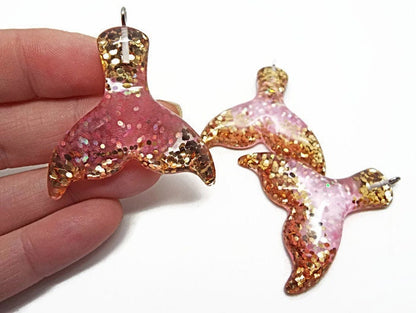 LARGE PINK & Gold Resin Mermaid Tail Pendants, Pack of 3, 45mm Glitter Charms for Whale or Mermaid Jewellery