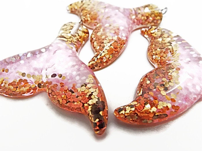 LARGE PINK & Gold Resin Mermaid Tail Pendants, Pack of 3, 45mm Glitter Charms for Whale or Mermaid Jewellery