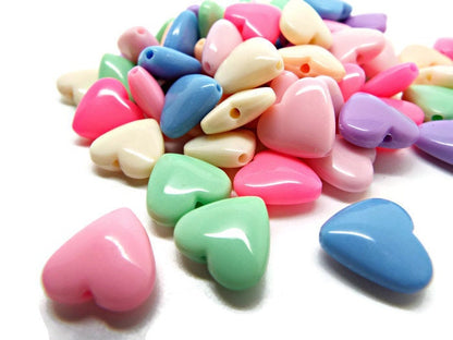 SET OF 50 13mm Acrylic Valentine Heart Beads in Mixed Colors, Top Drilled Heart Beads for Jewellery Making