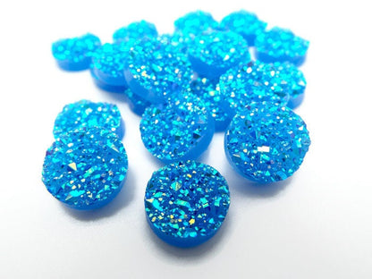 20 BLUE FAUX Druzy Resin Cabochons, 12mm Round Flatback Glitter Cabs for Sparkle Jewellery Crafts