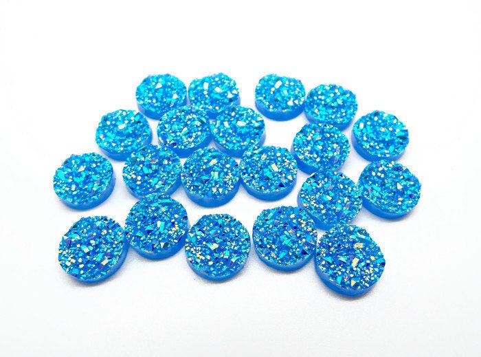 20 BLUE FAUX Druzy Resin Cabochons, 12mm Round Flatback Glitter Cabs for Sparkle Jewellery Crafts