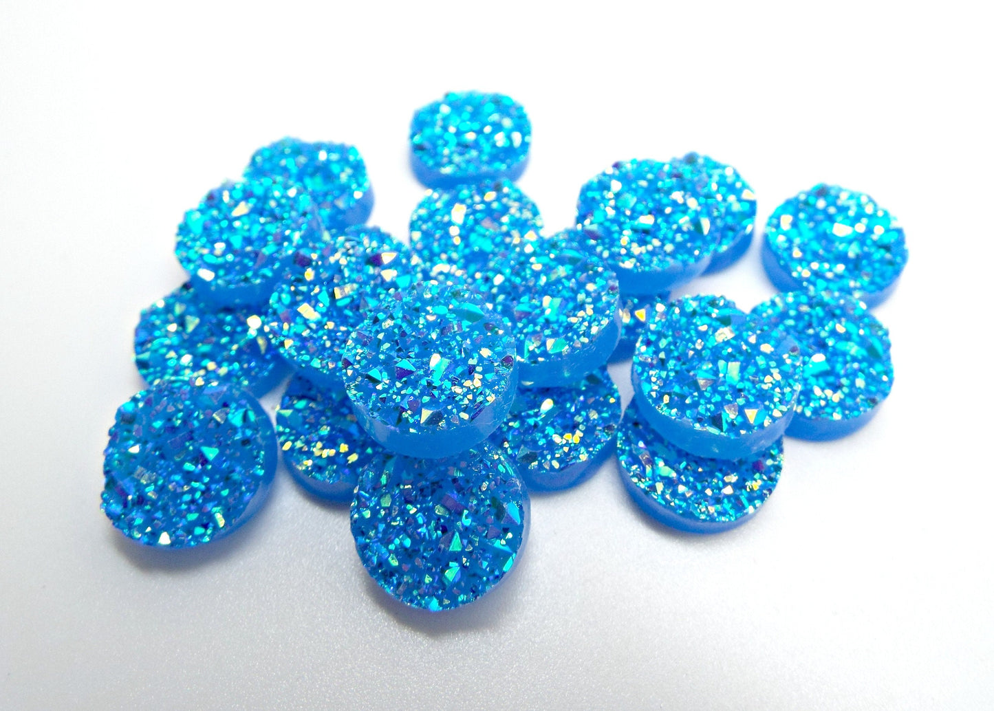 20 BLUE FAUX Druzy Resin Cabochons, 12mm Round Flatback Glitter Cabs for Sparkle Jewellery Crafts