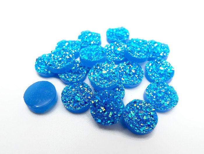 20 BLUE FAUX Druzy Resin Cabochons, 12mm Round Flatback Glitter Cabs for Sparkle Jewellery Crafts