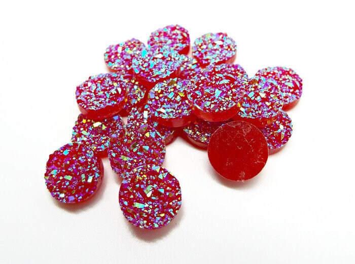 RED FAUX Druzy Cabochons, Pack of 20 Round Resin Cabs, 12mm Flatback Sparkle Embellishment