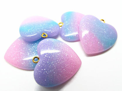 29MM RAINBOW HEART Pendants, Glitter and Resin Valentine Jewellery Charms, Set of 5