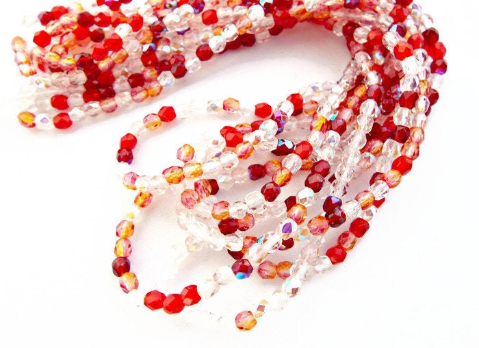 100 3mm Czech Glass Fire Polished and Faceted Bead Strand in a Red Mix. Small Barrel Beads