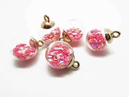 5 PINK GLASS Globe Sequin Pendants, Iridescent Glitter Charms, 21mm Terrarium Style