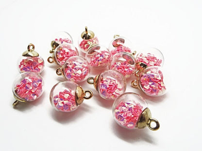 5 PINK GLASS Globe Sequin Pendants, Iridescent Glitter Charms, 21mm Terrarium Style