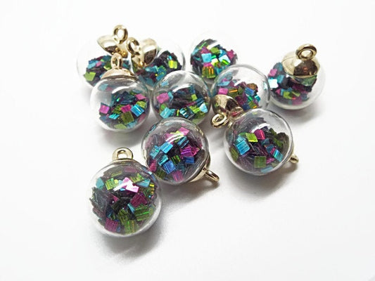 GLASS GLOBE Pendants with Rainbow Sequins, 5 Iridescent DIY Boho Sparkle Globe Charms for Fairy Jewelry, 21mm