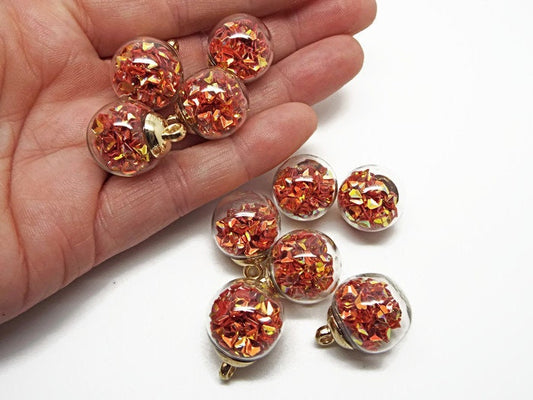 GLASS GLOBE Pendants with Red AB Sequins, 5 Red Sparkle Charm Drops, Terrarium Style, 21mm Boho Jewellery Charms