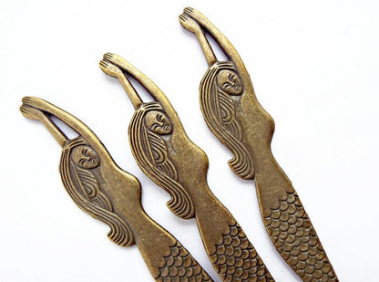 5 Bronze Tone Mermaid Bookmarks, 5 Inch Blanks, Add Beads Tassels Charms, Gift for Bookworm