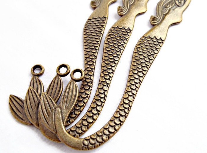 5 Bronze Tone Mermaid Bookmarks, 5 Inch Blanks, Add Beads Tassels Charms, Gift for Bookworm