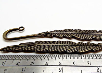 5 BRONZE FEATHER BOOKMARKS in an Antique Style, Blanks for Beads & Charms, 116x14mm