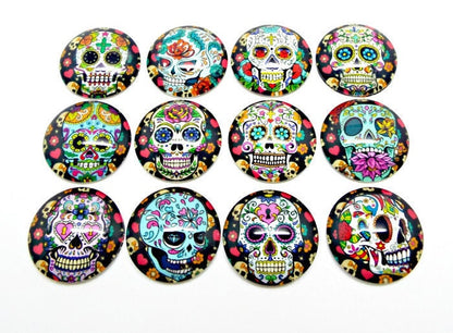 20MM SKULL CABOCHONS, Pack of 12 Day of the Dead Designs, Halloween Jewellery Cabochons