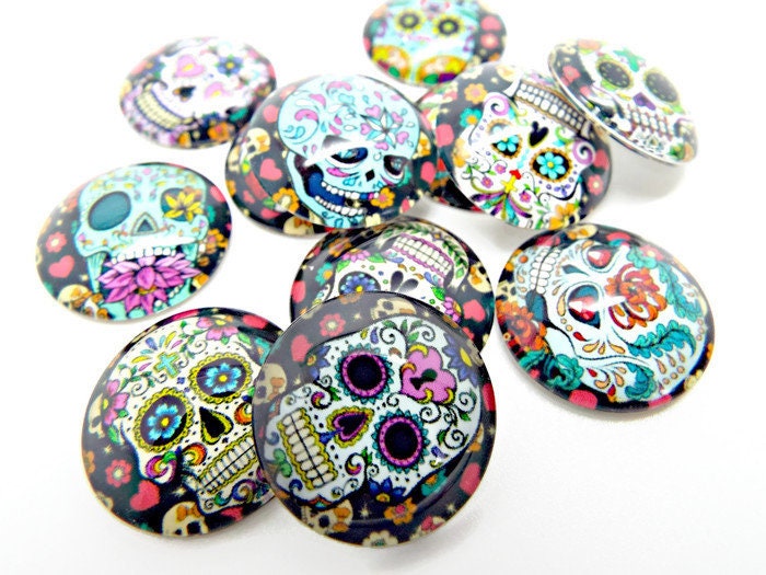 20MM SKULL CABOCHONS, Pack of 12 Day of the Dead Designs, Halloween Jewellery Cabochons