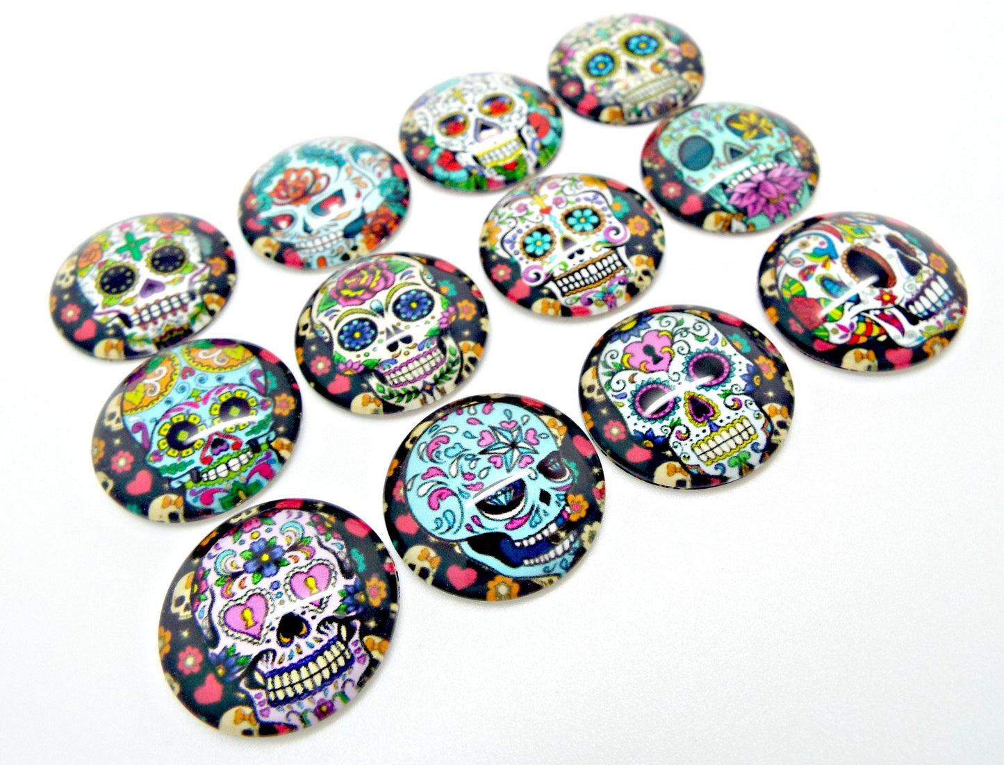 20MM SKULL CABOCHONS, Pack of 12 Day of the Dead Designs, Halloween Jewellery Cabochons