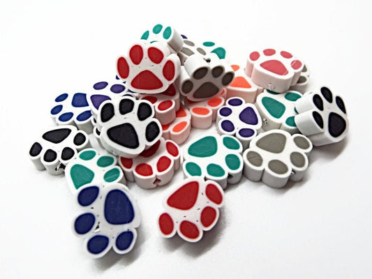 20 DOG PAW BEADS in Mixed Color Polymer Clay, Paw Prints for Fun Jewelry