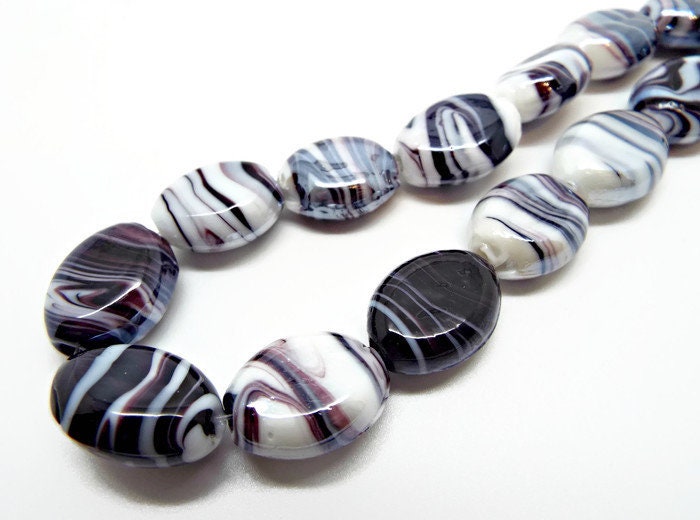 20 CHUNKY BLACK and White Lampwork Beads, 20mm Loose Oval Glass Beads with 2mm Hole