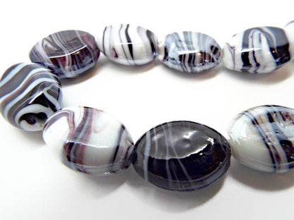 20 CHUNKY BLACK and White Lampwork Beads, 20mm Loose Oval Glass Beads with 2mm Hole