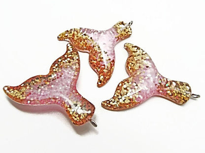 LARGE PINK & Gold Resin Mermaid Tail Pendants, Pack of 3, 45mm Glitter Charms for Whale or Mermaid Jewellery