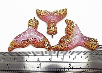 LARGE PINK & Gold Resin Mermaid Tail Pendants, Pack of 3, 45mm Glitter Charms for Whale or Mermaid Jewellery