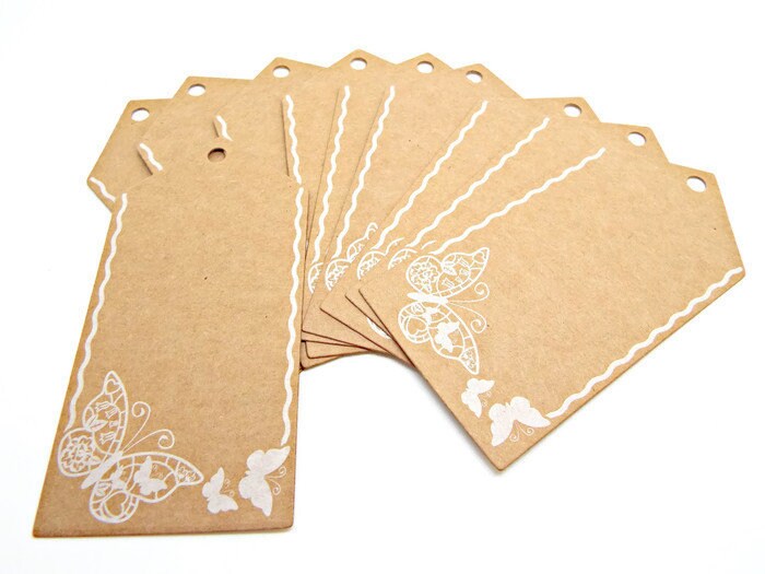 LARGE BUFF Butterfly Gift Luggage Tags with White Butterfly Print, Pack of 10, 100x50mm for Gift Wrapping & Crafts