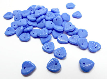 50 CZECH GLASS Blue Milk Glass Style Leaf Beads, 9mm Opaque Leaf Charms for Floral Jewelry Making