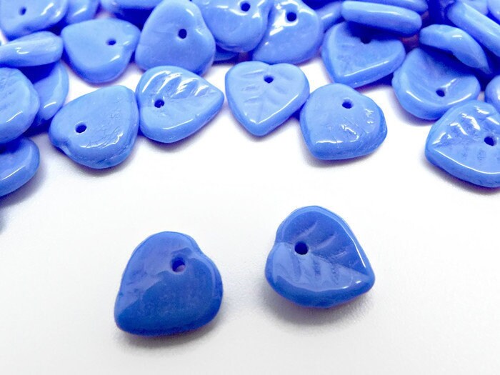 50 CZECH GLASS Blue Milk Glass Style Leaf Beads, 9mm Opaque Leaf Charms for Floral Jewelry Making