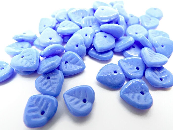 50 CZECH GLASS Blue Milk Glass Style Leaf Beads, 9mm Opaque Leaf Charms for Floral Jewelry Making