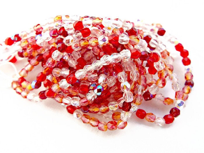 100 3mm Czech Glass Fire Polished and Faceted Bead Strand in a Red Mix. Small Barrel Beads