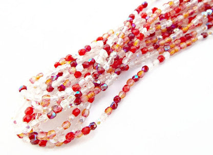 100 3mm Czech Glass Fire Polished and Faceted Bead Strand in a Red Mix. Small Barrel Beads