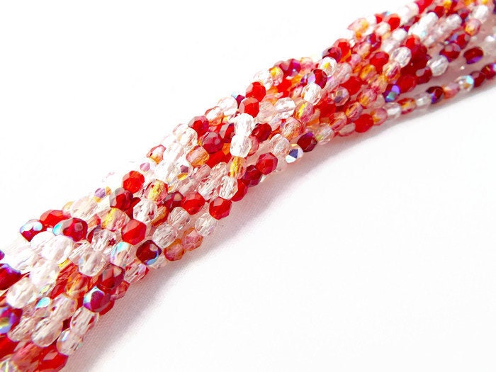 100 3mm Czech Glass Fire Polished and Faceted Bead Strand in a Red Mix. Small Barrel Beads